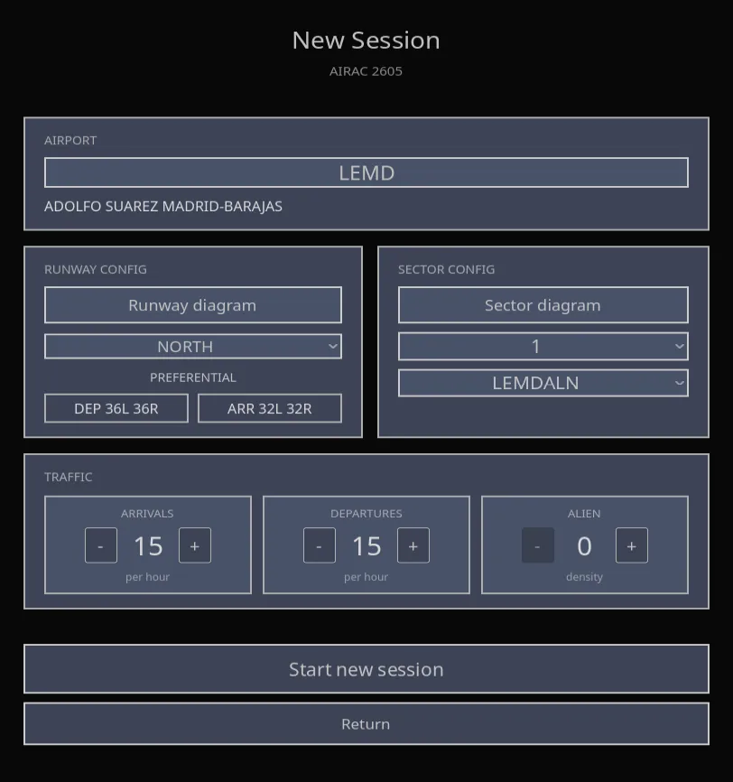 The New Session screen with airport, runway and sector, and traffic controls.