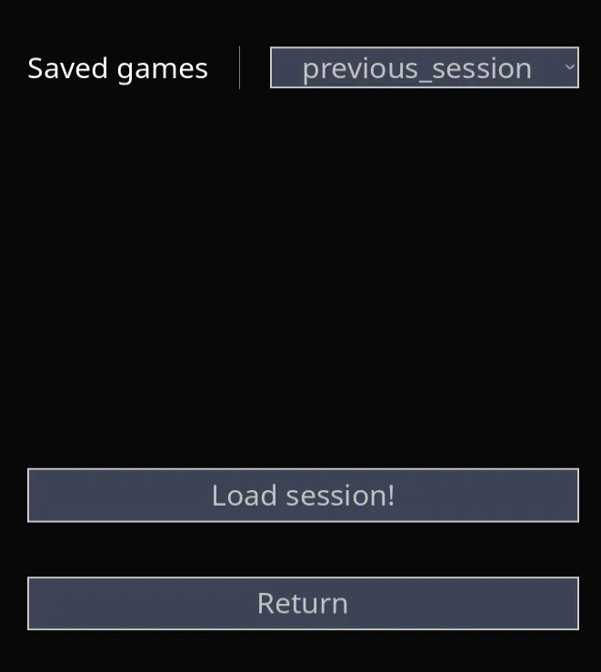 The Load Session screen with the saved-games list and the Load session button.
