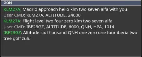 The COM panel showing the recognized instruction text and the pilot's readback.