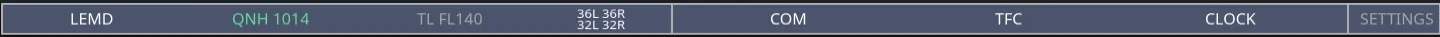 The top bar showing ICAO, QNH, transition level and runways on the left, and the COM, TFC, CLOCK and SETTINGS buttons on the right.