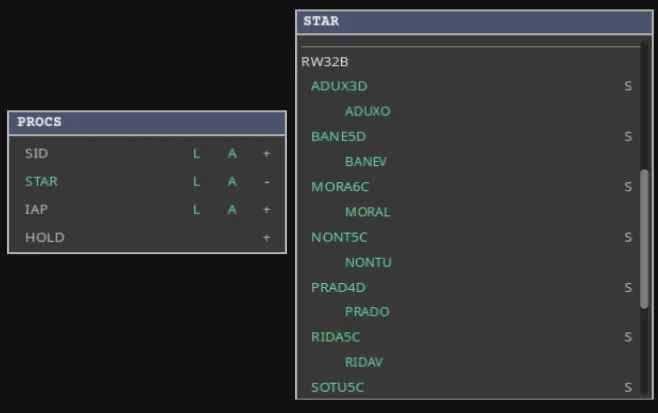 The expanded PROCS menu with SID, STAR, IAP and HOLD toggles and their label and altitude sub-controls.