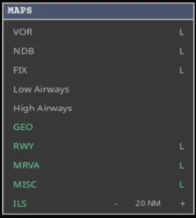 The expanded MAPS menu with VOR, NDB, FIX, airways, geography, runways, MVA, misc and ILS layers.