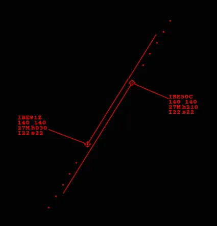 A conflict alert drawn between two converging aircraft.
