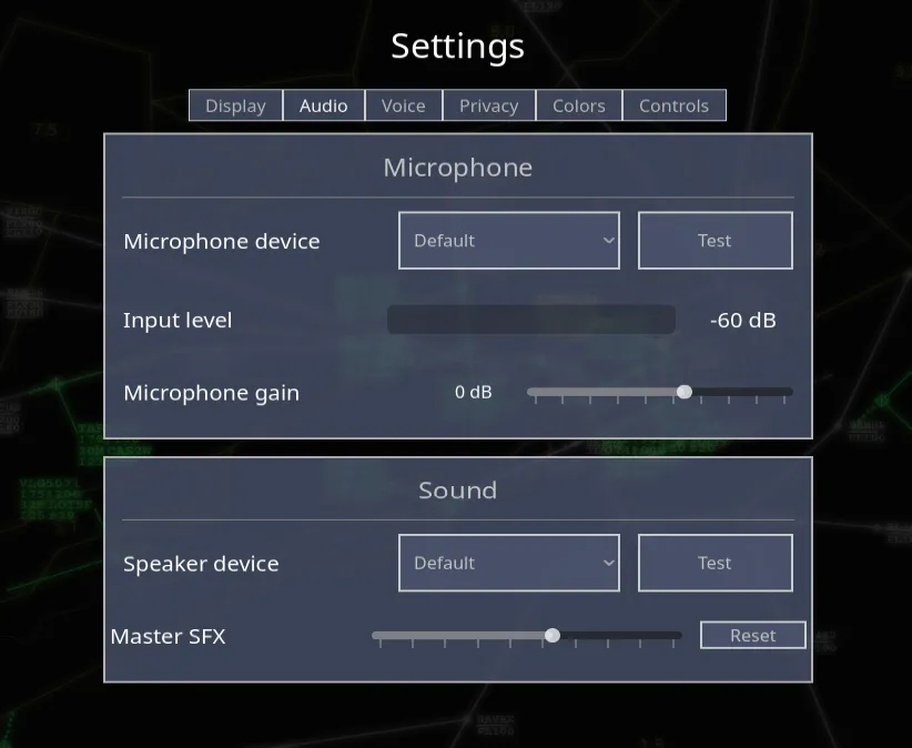 The Audio settings showing the microphone card with its input-level meter, and the speaker card.