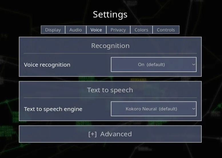 The Voice settings with the Recognition and Text to speech cards and the expanded Advanced card.